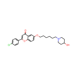 O=c1cc(-c2ccc(Cl)cc2)oc2ccc(OCCCCCCN3CCC(O)CC3)cc12 ZINC000013454435