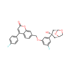 O=c1cc(-c2ccc(F)cc2)c2ccc(COc3cc(F)cc([C@]4(O)C[C@H]5CO[C@@H](C4)O5)c3)cc2o1 ZINC000038143395