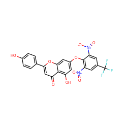 O=c1cc(-c2ccc(O)cc2)oc2cc(Oc3c([N+](=O)[O-])cc(C(F)(F)F)cc3[N+](=O)[O-])cc(O)c12 ZINC000103291537