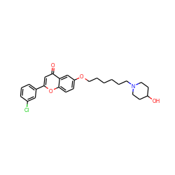 O=c1cc(-c2cccc(Cl)c2)oc2ccc(OCCCCCCN3CCC(O)CC3)cc12 ZINC000013454418