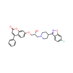 O=c1cc(-c2ccccc2)c2ccc(OC[C@H](O)CN3CCC(c4noc5cc(F)ccc45)CC3)cc2o1 ZINC000096929484