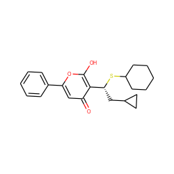 O=c1cc(-c2ccccc2)oc(O)c1[C@@H](CC1CC1)SC1CCCCC1 ZINC000100997194