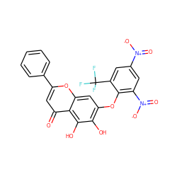 O=c1cc(-c2ccccc2)oc2cc(Oc3c([N+](=O)[O-])cc([N+](=O)[O-])cc3C(F)(F)F)c(O)c(O)c12 ZINC000103291539