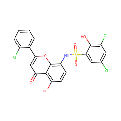 O=c1cc(-c2ccccc2Cl)oc2c(NS(=O)(=O)c3cc(Cl)cc(Cl)c3O)ccc(O)c12 ZINC000008680788