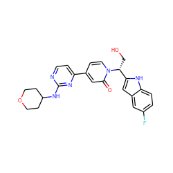 O=c1cc(-c2ccnc(NC3CCOCC3)n2)ccn1[C@H](CO)c1cc2cc(F)ccc2[nH]1 ZINC000144851737