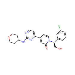 O=c1cc(-c2ccnc(NC3CCOCC3)n2)ccn1[C@H](CO)c1cccc(Cl)c1 ZINC000144811167