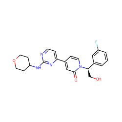 O=c1cc(-c2ccnc(NC3CCOCC3)n2)ccn1[C@H](CO)c1cccc(F)c1 ZINC000205989037