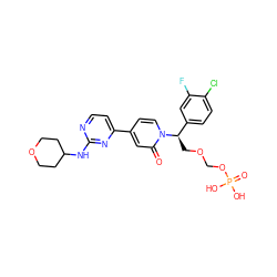 O=c1cc(-c2ccnc(NC3CCOCC3)n2)ccn1[C@H](COCOP(=O)(O)O)c1ccc(Cl)c(F)c1 ZINC000169701529