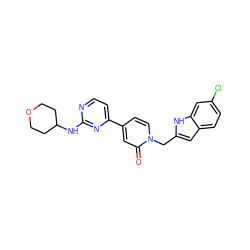 O=c1cc(-c2ccnc(NC3CCOCC3)n2)ccn1Cc1cc2ccc(Cl)cc2[nH]1 ZINC000169701527