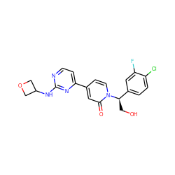 O=c1cc(-c2ccnc(NC3COC3)n2)ccn1[C@H](CO)c1ccc(Cl)c(F)c1 ZINC000144882444