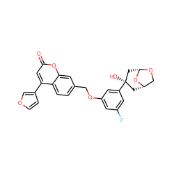 O=c1cc(-c2ccoc2)c2ccc(COc3cc(F)cc([C@]4(O)C[C@H]5CO[C@@H](C4)O5)c3)cc2o1 ZINC000036222904