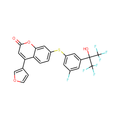 O=c1cc(-c2ccoc2)c2ccc(Sc3cc(F)cc(C(O)(C(F)(F)F)C(F)(F)F)c3)cc2o1 ZINC000036222902