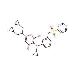 O=c1cc(C(CC2CC2)CC2CC2)oc(O)c1[C@H](c1cccc(CS(=O)(=O)c2ccccn2)c1)C1CC1 ZINC000100044969