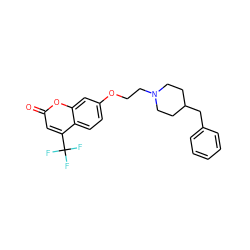 O=c1cc(C(F)(F)F)c2ccc(OCCN3CCC(Cc4ccccc4)CC3)cc2o1 ZINC001772652499