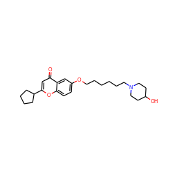 O=c1cc(C2CCCC2)oc2ccc(OCCCCCCN3CCC(O)CC3)cc12 ZINC000012356333