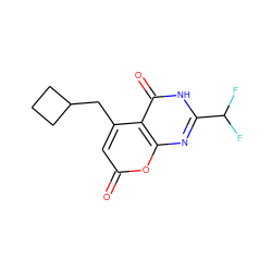 O=c1cc(CC2CCC2)c2c(=O)[nH]c(C(F)F)nc2o1 ZINC000066074465