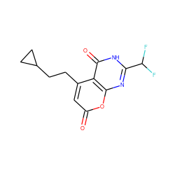 O=c1cc(CCC2CC2)c2c(=O)[nH]c(C(F)F)nc2o1 ZINC000066079538