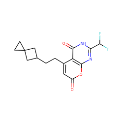 O=c1cc(CCC2CC3(CC3)C2)c2c(=O)[nH]c(C(F)F)nc2o1 ZINC000066074468