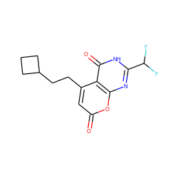 O=c1cc(CCC2CCC2)c2c(=O)[nH]c(C(F)F)nc2o1 ZINC000066074463