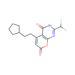 O=c1cc(CCC2CCCC2)c2c(=O)[nH]c(C(F)F)nc2o1 ZINC000066098406