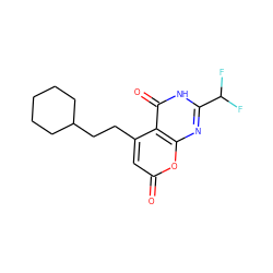 O=c1cc(CCC2CCCCC2)c2c(=O)[nH]c(C(F)F)nc2o1 ZINC000066097240