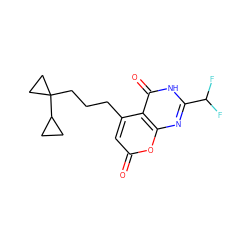 O=c1cc(CCCC2(C3CC3)CC2)c2c(=O)[nH]c(C(F)F)nc2o1 ZINC000066076599