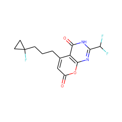 O=c1cc(CCCC2(F)CC2)c2c(=O)[nH]c(C(F)F)nc2o1 ZINC000066098701