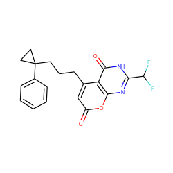 O=c1cc(CCCC2(c3ccccc3)CC2)c2c(=O)[nH]c(C(F)F)nc2o1 ZINC000066076601