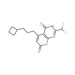 O=c1cc(CCCC2CCC2)c2c(=O)[nH]c(C(F)F)nc2o1 ZINC000066074466