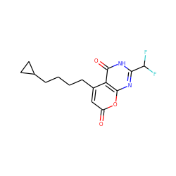 O=c1cc(CCCCC2CC2)c2c(=O)[nH]c(C(F)F)nc2o1 ZINC000066076015