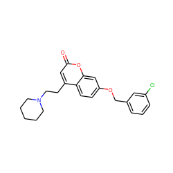 O=c1cc(CCN2CCCCC2)c2ccc(OCc3cccc(Cl)c3)cc2o1 ZINC000299829424