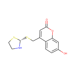 O=c1cc(CS[C@@H]2NCCS2)c2ccc(O)cc2o1 ZINC000045337626