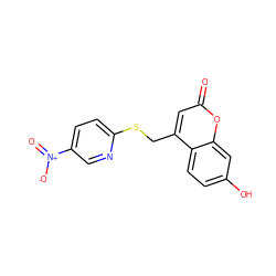 O=c1cc(CSc2ccc([N+](=O)[O-])cn2)c2ccc(O)cc2o1 ZINC000045337163