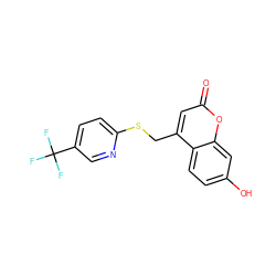 O=c1cc(CSc2ccc(C(F)(F)F)cn2)c2ccc(O)cc2o1 ZINC000022118681