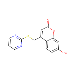 O=c1cc(CSc2ncccn2)c2ccc(O)cc2o1 ZINC000006912499