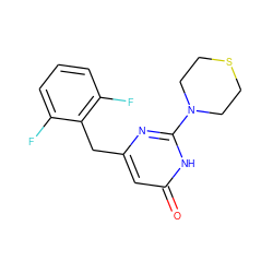 O=c1cc(Cc2c(F)cccc2F)nc(N2CCSCC2)[nH]1 ZINC000011328216