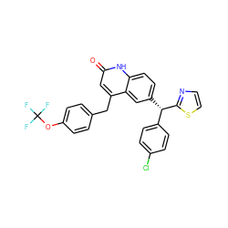 O=c1cc(Cc2ccc(OC(F)(F)F)cc2)c2cc([C@@H](c3ccc(Cl)cc3)c3nccs3)ccc2[nH]1 ZINC001772650131