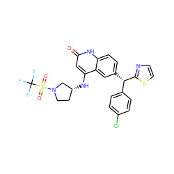 O=c1cc(N[C@@H]2CCN(S(=O)(=O)C(F)(F)F)C2)c2cc([C@@H](c3ccc(Cl)cc3)c3nccs3)ccc2[nH]1 ZINC001772582056