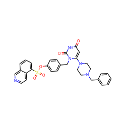 O=c1cc(N2CCN(Cc3ccccc3)CC2)n(Cc2ccc(OS(=O)(=O)c3cccc4cnccc34)cc2)c(=O)[nH]1 ZINC000205359356