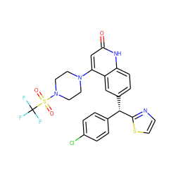 O=c1cc(N2CCN(S(=O)(=O)C(F)(F)F)CC2)c2cc([C@@H](c3ccc(Cl)cc3)c3nccs3)ccc2[nH]1 ZINC001772617931