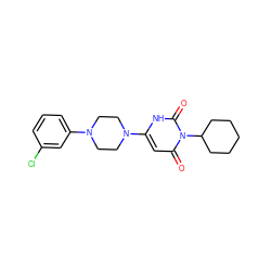 O=c1cc(N2CCN(c3cccc(Cl)c3)CC2)[nH]c(=O)n1C1CCCCC1 ZINC000002961221