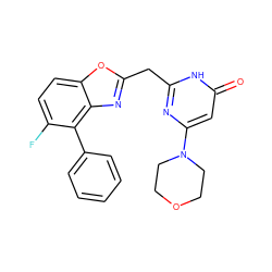 O=c1cc(N2CCOCC2)nc(Cc2nc3c(-c4ccccc4)c(F)ccc3o2)[nH]1 ZINC000084758861