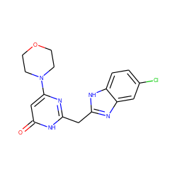 O=c1cc(N2CCOCC2)nc(Cc2nc3cc(Cl)ccc3[nH]2)[nH]1 ZINC000084759288