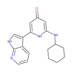 O=c1cc(NC2CCCCC2)[nH]c(-c2c[nH]c3ncccc23)c1 ZINC000101473281