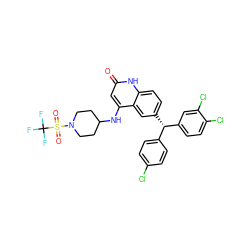 O=c1cc(NC2CCN(S(=O)(=O)C(F)(F)F)CC2)c2cc([C@@H](c3ccc(Cl)cc3)c3ccc(Cl)c(Cl)c3)ccc2[nH]1 ZINC001772577793