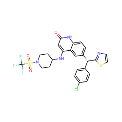 O=c1cc(NC2CCN(S(=O)(=O)C(F)(F)F)CC2)c2cc([C@@H](c3ccc(Cl)cc3)c3nccs3)ccc2[nH]1 ZINC001772580865