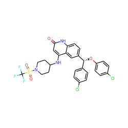 O=c1cc(NC2CCN(S(=O)(=O)C(F)(F)F)CC2)c2cc([C@H](Oc3ccc(Cl)cc3)c3ccc(Cl)cc3)ccc2[nH]1 ZINC001772628781