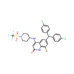 O=c1cc(NC2CCN(S(=O)(=O)C(F)(F)F)CC2)c2cc(C(c3ccc(Cl)cc3)c3ccc(Cl)cc3)cc(Br)c2[nH]1 ZINC001772600739