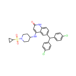 O=c1cc(NC2CCN(S(=O)(=O)C3CC3)CC2)c2cc(C(c3ccc(Cl)cc3)c3ccc(Cl)cc3)ccc2[nH]1 ZINC001772648208