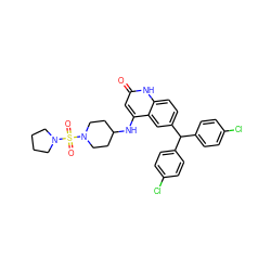 O=c1cc(NC2CCN(S(=O)(=O)N3CCCC3)CC2)c2cc(C(c3ccc(Cl)cc3)c3ccc(Cl)cc3)ccc2[nH]1 ZINC001772639089